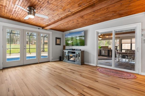 Dining room, Fireplace, Interior, Wooden Ceilings, Wood Texture Flooring