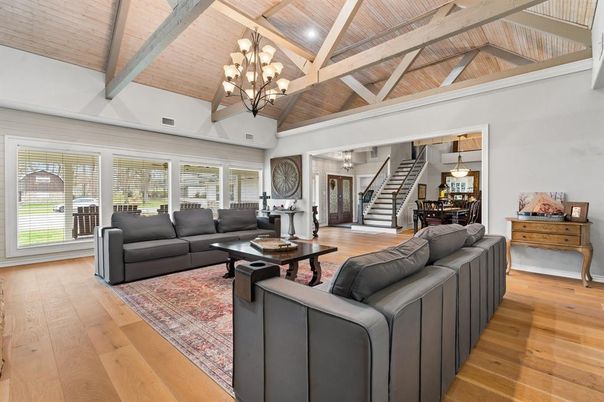 Chandelier, Dining room, Interior, Living room, Recessed Lighting, Wooden Beams, Wooden Ceilings, Wood Texture Flooring
