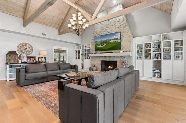 Chandelier, Fireplace, Interior, Living room, Stone Walls, Wooden Beams, Wooden Ceilings, Wood Texture Flooring