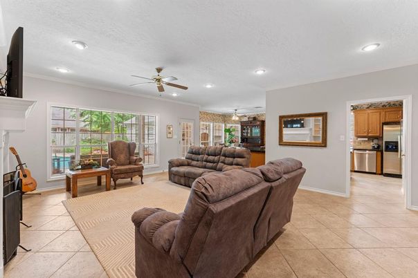Fireplace, Interior, Kitchen, Living room, Recessed Lighting, Stainless Steel Appliances