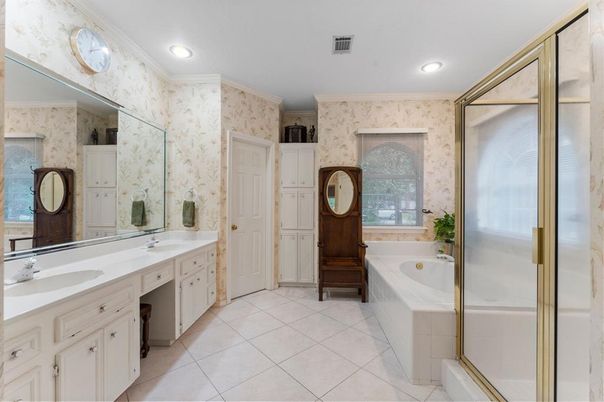 Bathroom, Dual Sink Vanities, Glass Shower, Interior, Recessed Lighting