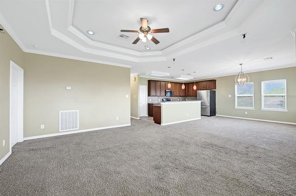 Chandelier, Empty room, Interior, Kitchen, Pendant Lights, Recessed Lighting, Stainless Steel Appliances