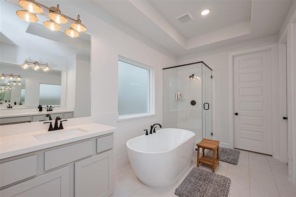 Bathroom, Dual Sink Vanities, Free Standing Baths, Glass Shower, Interior, Recessed Lighting
