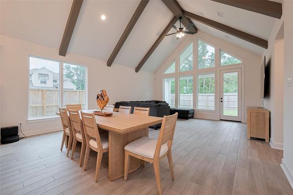 Dining room, Interior, Recessed Lighting, Wooden Beams, Wood Texture Flooring