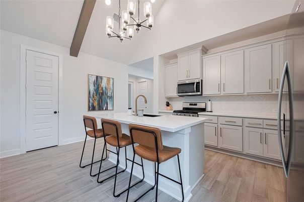 Interior, Kitchen, Pendant Lights, Stainless Steel Appliances, Wooden Beams, Wood Texture Flooring