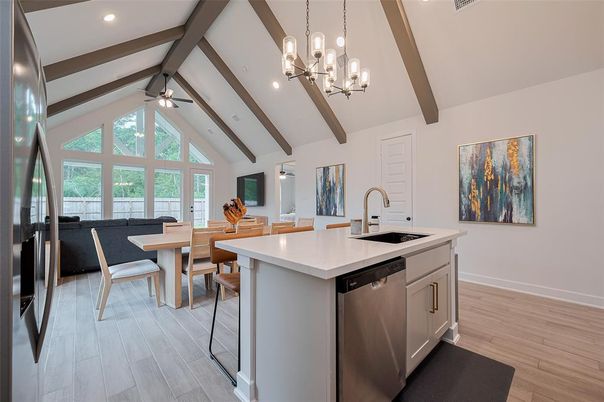 Dining room, Interior, Kitchen, Pendant Lights, Recessed Lighting, Stainless Steel Appliances, Wooden Beams, Wood Texture Flooring