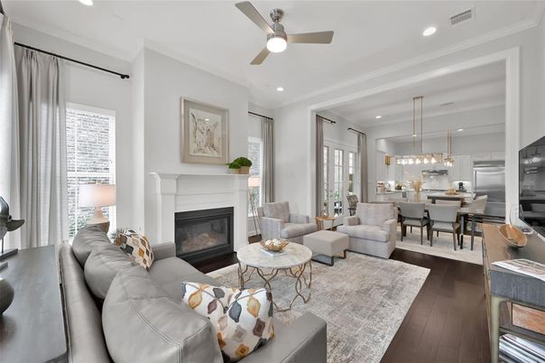 Dining room, Fireplace, Interior, Kitchen, Living room, Pendant Lights, Recessed Lighting, Stainless Steel Appliances, Wood Texture Flooring