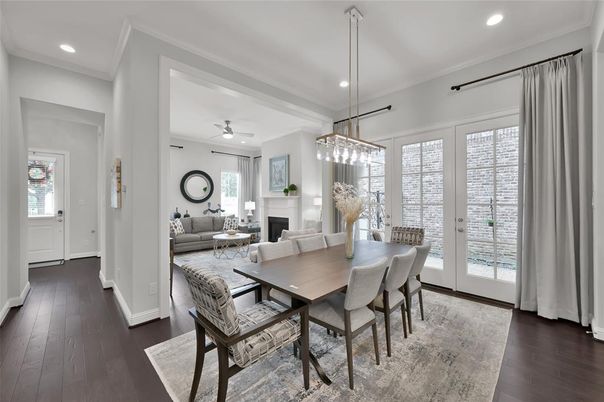 Dining room, Fireplace, Interior, Living room, Pendant Lights, Recessed Lighting, Wood Texture Flooring