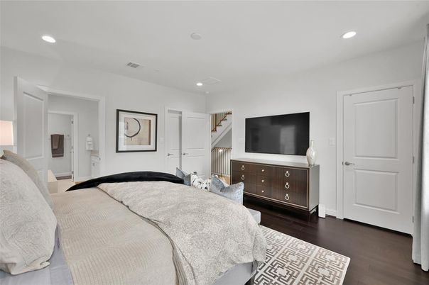 Bedroom, Interior, Recessed Lighting, Wood Texture Flooring
