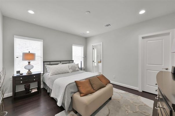 Bedroom, Interior, Recessed Lighting, Wood Texture Flooring