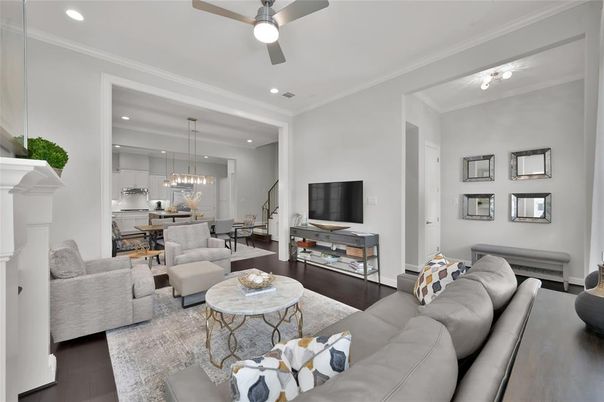 Dining room, Interior, Kitchen, Living room, Pendant Lights, Recessed Lighting, Wood Texture Flooring