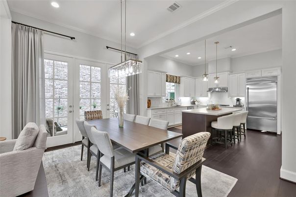 Dining room, Interior, Kitchen, Pendant Lights, Recessed Lighting, Stainless Steel Appliances, Wood Texture Flooring
