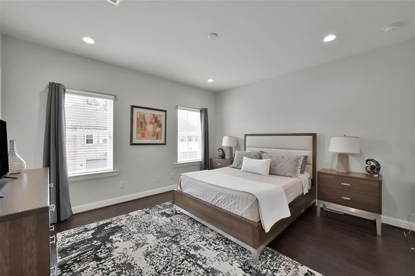 Bedroom, Interior, Recessed Lighting, Wood Texture Flooring