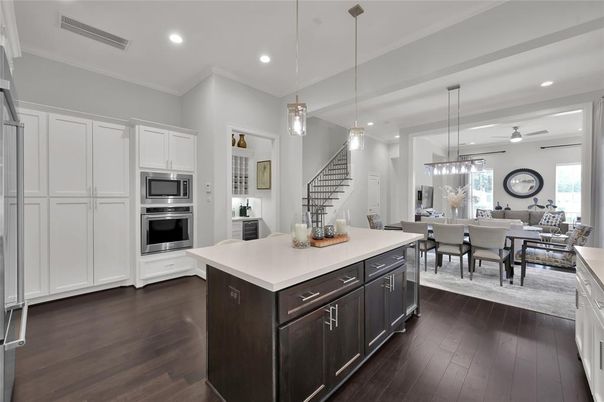 Dining room, Interior, Kitchen, Living room, Pendant Lights, Recessed Lighting, Stainless Steel Appliances, Wood Texture Flooring
