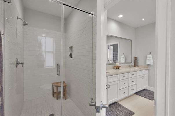 Bathroom, Dual Sink Vanities, Glass Shower, Interior, Recessed Lighting