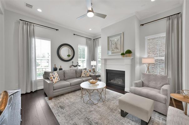 Fireplace, Interior, Living room, Recessed Lighting, Wood Texture Flooring