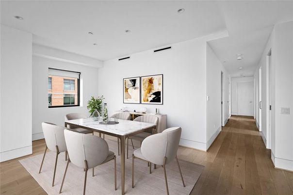 Dining room, Interior, Recessed Lighting, Wood Texture Flooring