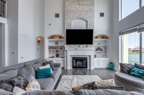 Fireplace, Interior, Living room, Stone Walls, Wood Texture Flooring