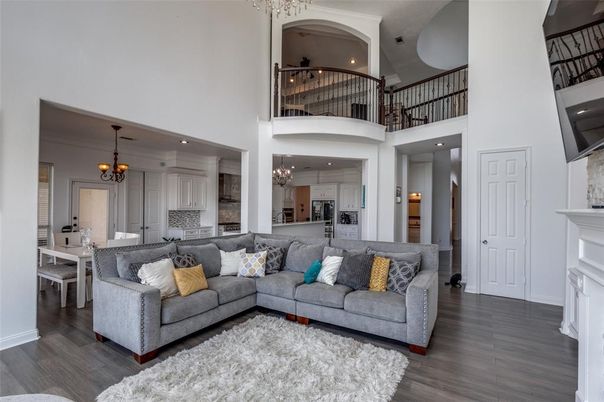 Chandelier, Dining room, Fireplace, Interior, Kitchen, Living room, Pendant Lights, Recessed Lighting, Wood Texture Flooring