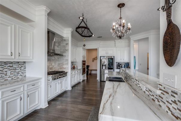 Chandelier, Interior, Kitchen, Recessed Lighting, Stainless Steel Appliances, Wood Texture Flooring