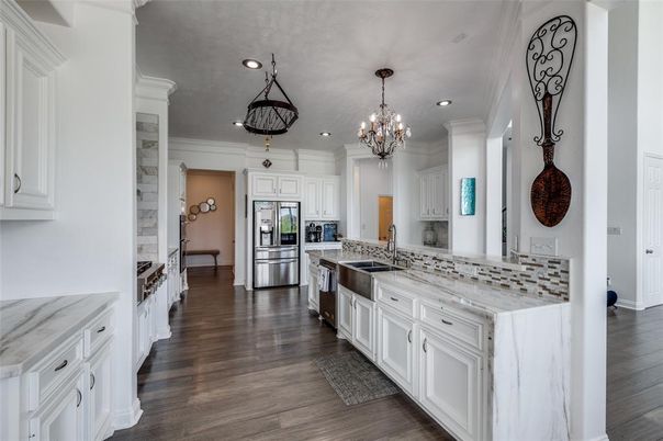 Chandelier, Interior, Kitchen, Recessed Lighting, Stainless Steel Appliances, Wood Texture Flooring