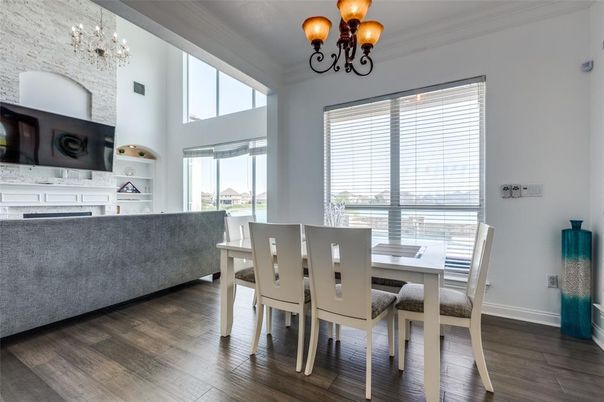 Chandelier, Dining room, Interior, Wood Texture Flooring