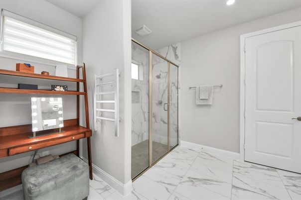 Bathroom, Glass Shower, Interior, Marble, Marble Walls, Recessed Lighting