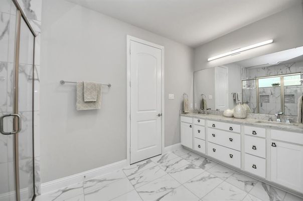 Bathroom, Dual Sink Vanities, Glass Shower, Interior, Marble, Marble Walls