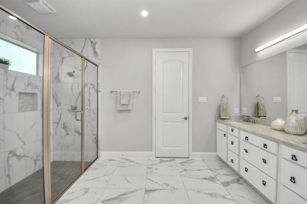 Bathroom, Dual Sink Vanities, Glass Shower, Interior, Marble, Marble Walls, Recessed Lighting