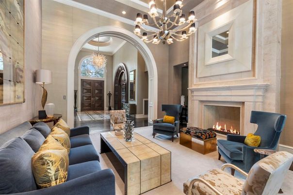 Chandelier, Fireplace, Interior, Living room, Recessed Lighting