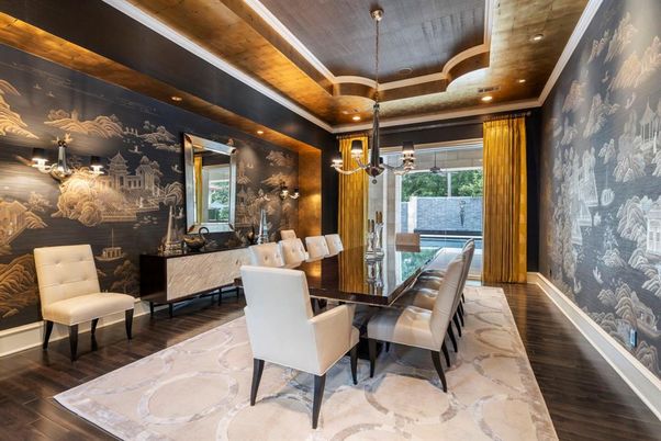 Chandelier, Dining room, Interior, Pendant Lights, Recessed Lighting, Wood Texture Flooring