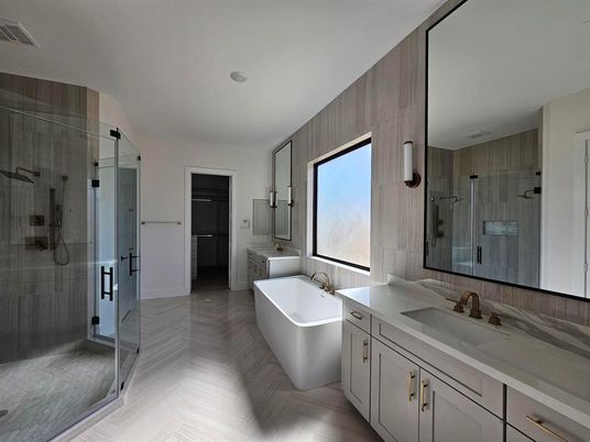 Bathroom, Dual Sink Vanities, Free Standing Baths, Glass Shower, Interior, Wood Texture Flooring