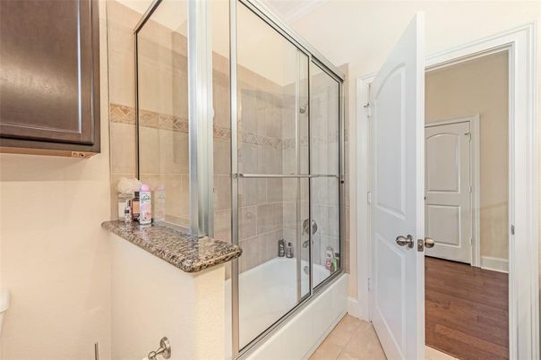 Bathroom, Glass Shower, Interior, Wood Texture Flooring