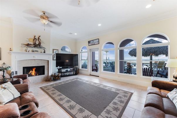 Dining room, Fireplace, Interior, Living room, Recessed Lighting, Water