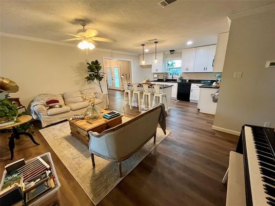 Dining room, Interior, Kitchen, Living room, Pendant Lights, Piano, Wood Texture Flooring