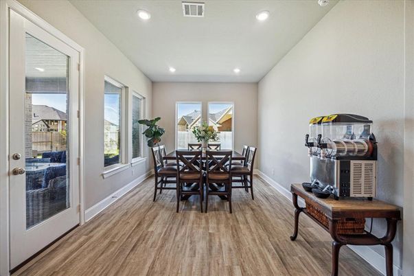Dining room, Interior, Recessed Lighting, Wood Texture Flooring