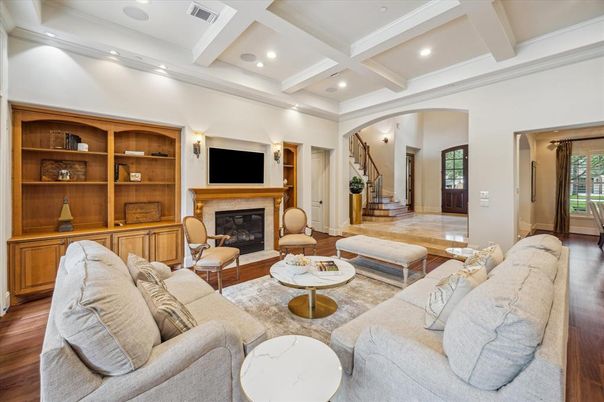Fireplace, Interior, Living room, Recessed Lighting, Wood Texture Flooring