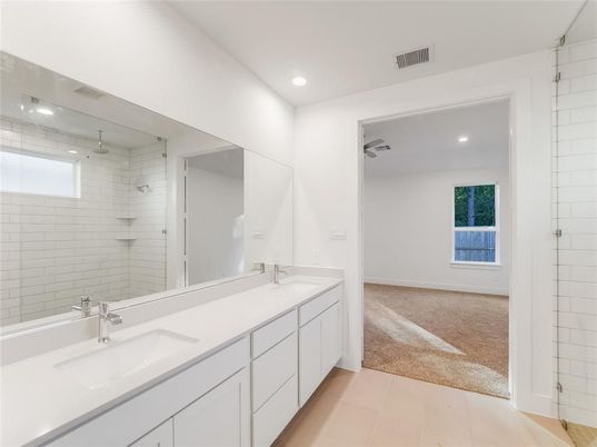 Bathroom, Dual Sink Vanities, Glass Shower, Interior, Recessed Lighting