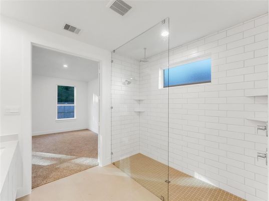 Bathroom, Empty room, Glass Shower, Interior, Recessed Lighting