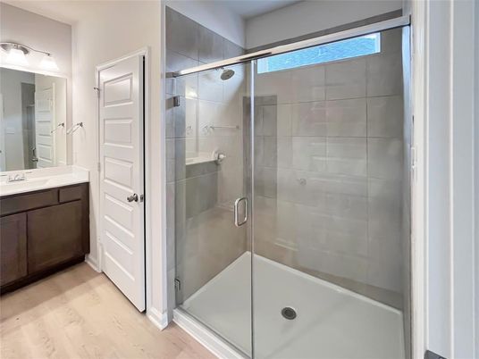 Bathroom, Glass Shower, Interior, Wood Texture Flooring