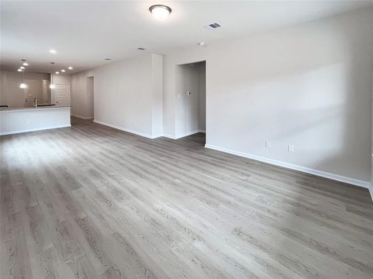 Empty room, Interior, Kitchen, Pendant Lights, Recessed Lighting, Wood Texture Flooring