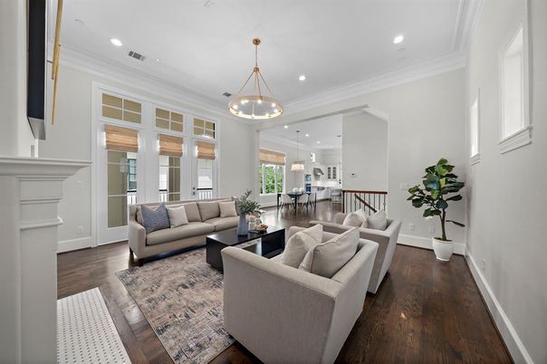 Dining room, Interior, Living room, Pendant Lights, Recessed Lighting, Wood Texture Flooring