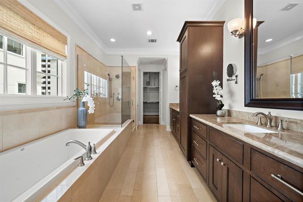 Bathroom, Dual Sink Vanities, Glass Shower, Interior, Recessed Lighting