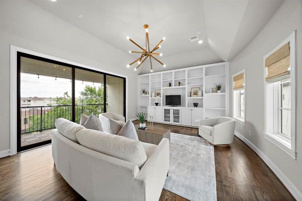Interior, Living room, Pendant Lights, Recessed Lighting, Wood Texture Flooring
