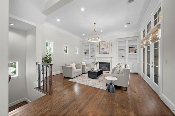 Fireplace, Interior, Living room, Pendant Lights, Recessed Lighting, Wood Texture Flooring