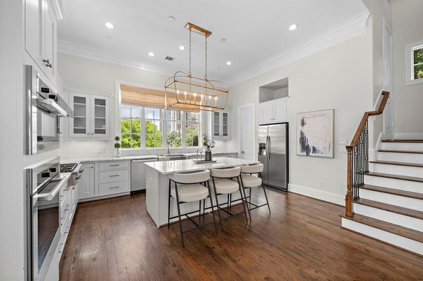 Interior, Kitchen, Pendant Lights, Recessed Lighting, Stainless Steel Appliances, Wood Texture Flooring