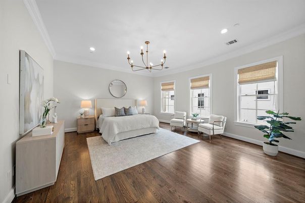 Bedroom, Chandelier, Interior, Recessed Lighting, Wood Texture Flooring