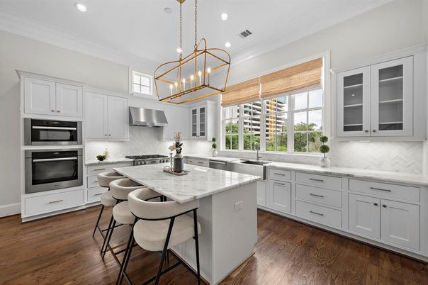 Interior, Kitchen, Pendant Lights, Recessed Lighting, Stainless Steel Appliances, Wood Texture Flooring