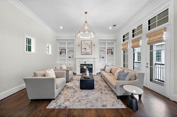 Fireplace, Interior, Living room, Pendant Lights, Recessed Lighting, Wood Texture Flooring