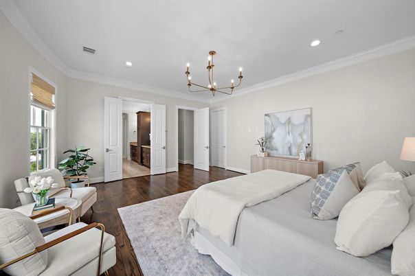 Bedroom, Chandelier, Interior, Recessed Lighting, Wood Texture Flooring